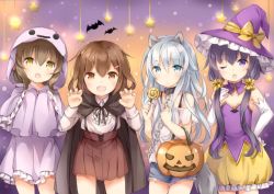 Rule 34 | 10s, 4girls, :d, :o, ;o, akatsuki (kancolle), alternate costume, alternate hairstyle, alternate headwear, bare shoulders, blue eyes, brown eyes, brown hair, claw pose, commentary request, cutoffs, ghost costume, hair ornament, hairclip, halloween, halloween costume, hand on own chest, hibiki (kancolle), ikazuchi (kancolle), inazuma (kancolle), jack-o&#039;-lantern, kantai collection, long hair, long sleeves, multiple girls, one eye closed, open mouth, purple eyes, purple hair, short hair, silver hair, sleeves past wrists, smile, vampire costume, wataame27