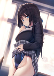 Rule 34 | 1girl, absurdres, black hair, black jacket, black one-piece swimsuit, blue eyes, blush, breasts, chair, classroom, clothes lift, commentary request, competition swimsuit, covered navel, desk, grey skirt, hair ribbon, highres, jacket, large breasts, lifted by self, liya, long hair, looking at viewer, one-piece swimsuit, original, parted lips, plaid, plaid skirt, pleated skirt, ribbon, school chair, school desk, school uniform, shirt, sidelocks, skirt, skirt lift, solo, standing, swimsuit, swimsuit under clothes, uniform, white shirt, window