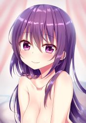 Rule 34 | 1girl, blurry, blurry background, blush, breasts, cleavage, closed mouth, collarbone, commentary request, curtains, depth of field, gochuumon wa usagi desu ka?, hair between eyes, head tilt, highres, long hair, looking at viewer, medium breasts, nude, piripun, purple eyes, purple hair, smile, solo, tedeza rize
