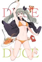 Rule 34 | 1girl, :d, anchovy (girls und panzer), arm up, armpits, bikini, breasts, cape, cleavage, drill hair, food, fork, full body, girls und panzer, gluteal fold, green hair, hair between eyes, hair ribbon, highres, italian text, ketchup bottle, long hair, looking at viewer, medium breasts, muteki soda, navel, open mouth, orange bikini, pasta, pizza, pizza slice, red eyes, ribbon, riding crop, side-tie bikini bottom, sideboob, simple background, smile, solo, spaghetti, string bikini, swimsuit, twin drills, underboob, white background