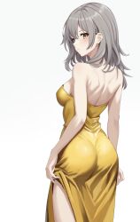Rule 34 | 1girl, alternate costume, ass, bare arms, bare back, bare shoulders, breasts, commentary, cowboy shot, dress, gradient background, grey background, grey hair, highres, honkai: star rail, honkai (series), long hair, looking at viewer, medium breasts, solo, standing, stelle (honkai: star rail), strapless, strapless dress, trailblazer (honkai: star rail), white background, yan kodiac, yellow dress, yellow eyes