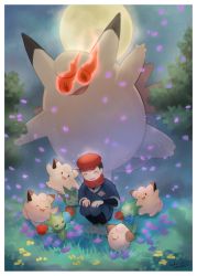 Rule 34 | 1boy, alpha pokemon, black hair, black shirt, border, clefable, clefairy, cleffa, commentary request, creatures (company), flower, game freak, gen 1 pokemon, gen 2 pokemon, gen 3 pokemon, grass, grey jacket, grey pants, hat, highres, jacket, kikuyoshi (tracco), male focus, moon, night, nintendo, outdoors, pants, pokemon, pokemon (creature), pokemon legends: arceus, purple flower, red headwear, red scarf, rei (pokemon), roselia (pokemon), scarf, shirt, shoes, short hair, sky, squatting, white border