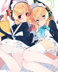 Rule 34 | 2girls, animal ear headphones, animal ears, ass, black dress, blonde hair, blue archive, blush, cat tail, closed mouth, dress, fake animal ears, frilled dress, frills, handheld game console, headphones, holding, holding handheld game console, koori, long sleeves, looking at viewer, maid, maid headdress, midori (blue archive), midori (maid) (blue archive), momoi (blue archive), momoi (maid) (blue archive), mouth hold, multiple girls, panties, pantyhose, red eyes, short hair, siblings, simple background, sisters, tail, thighhighs, twins, underwear, white background, white panties, white pantyhose, white thighhighs