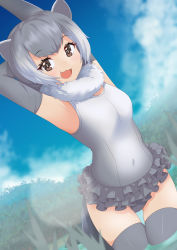 Rule 34 | 1girl, absurdres, animal ears, arm behind head, armpits, arms up, blue sky, breasts, brown eyes, covered navel, cowboy shot, day, detached collar, dutch angle, elbow gloves, fang, frilled swimsuit, frills, fur collar, gloves, gluteal fold, grey hair, groin, highres, kemono friends, looking at viewer, medium breasts, multicolored hair, nyaseiru, one-piece swimsuit, open mouth, otter ears, otter girl, otter tail, outdoors, outstretched arm, short hair, skindentation, sky, small-clawed otter (kemono friends), smile, solo, swimsuit, tail, thighhighs, two-tone hair, wading, water