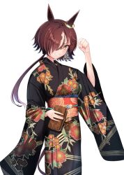 Rule 34 | 1girl, alternate costume, animal ears, arm up, bag, black kimono, blush, breasts, brown hair, clenched hand, coin purse, floral print, grin, hair over one eye, holding, holding bag, horse ears, horse girl, horse tail, japanese clothes, kimono, long hair, long sleeves, looking at viewer, low ponytail, multicolored hair, oni, simple background, small breasts, smile, solo, standing, streaked hair, tail, umamusume, upper body, vodka (umamusume), white background, wide sleeves, yellow eyes, yomean!, yukata
