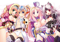 Rule 34 | 4girls, :d, animal ears, armor, barioth (armor), black legwear, blonde hair, blue eyes, blush, breasts, breasts out, capcom, cat ears, cat girl, character doll, fang, felyne, female focus, fingerless gloves, gloves, gobul (armor), green eyes, holding hands, kizuki erika, large breasts, looking at viewer, ludroth (armor), melynx, monster hunter, monster hunter (series), monster hunter 3 g, monster hunter 3 ultimate, multiple girls, nipples, open mouth, panties, pink eyes, pink hair, ponytail, purple legwear, purple ludroth (armor), red eyes, silver hair, simple background, smile, stuffed animal, stuffed cat, stuffed toy, stygian zinogre (armor), thighhighs, underwear, white background, white panties, zinogre (armor)