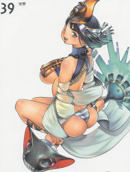 Rule 34 | 00s, 1girl, ancient princess menace, ass, black hair, blue panties, breasts, f.s., large breasts, looking at viewer, menace (queen&#039;s blade), menace (queen's blade), panties, queen&#039;s blade, revealing clothes, setra, short hair, sitting, solo, striped clothes, striped panties, underboob, underwear