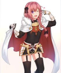 Rule 34 | &gt;;d, 1boy, ;d, astolfo (fate), bad id, bad pixiv id, black bow, black dress, black panties, black thighhighs, bloom, blush, bow, braid, cape, cold (hoshinoskull), cowboy shot, dress, eyebrows, fang, fate/apocrypha, fate/grand order, fate (series), garter straps, gauntlets, hair bow, hair over shoulder, heart, long hair, long sleeves, looking at viewer, male focus, one eye closed, open mouth, panties, pantyshot, pink hair, purple eyes, short dress, single braid, smile, solo, standing, thighhighs, trap, underwear, v-shaped eyebrows, v over eye, white background