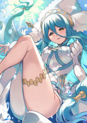 Rule 34 | 1girl, anklet, asymmetrical legwear, azura (fire emblem), blue hair, blue ribbon, blush, breasts, commentary request, dancer, detached sleeves, dress, elbow gloves, fingerless gloves, fire emblem, fire emblem fates, gloves, hair between eyes, hair tubes, headdress, highres, jewelry, long bangs, long hair, looking at viewer, medium breasts, nakabayashi zun, nintendo, open mouth, parted lips, pendant, ribbon, sidelocks, signature, smile, solo, strapless, strapless dress, submerged, underwater, uneven legwear, veil, very long hair, water, white dress, white gloves, white headwear, white legwear, white veil, yellow eyes