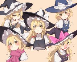 Rule 34 | 1girl, bad id, bad pixiv id, black dress, black hat, black vest, blood, blue dress, blue hat, blush, bow, braid, buttons, closed mouth, crescent, dress, hair between eyes, hair bow, hand up, hat, hat bow, heart, heart-shaped pupils, hidden star in four seasons, highres, jill 07km, kirisame marisa, legacy of lunatic kingdom, long hair, looking at viewer, open mouth, pink bow, pink scarf, puffy short sleeves, puffy sleeves, red bow, scarf, shirt, short hair, short sleeves, simple background, single braid, smile, solo, symbol-shaped pupils, ten desires, touhou, vest, white bow, white shirt, white sleeves, witch hat, yellow background
