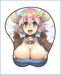 Rule 34 | 1girl, :d, animal ears, areola slip, bell, breasts, brown gloves, cleavage, commentary, cow ears, cow girl, cow horns, cowbell, english commentary, gloves, green eyes, hands up, horns, huge breasts, looking at viewer, lying, mousepad (medium), neko hole, on back, open mouth, pink hair, shina (neko hole), smile, solo, teeth, upper teeth only, vins-mousseux