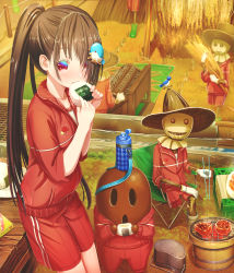 Rule 34 | 1girl, aiuabo, bird hair ornament, black hair, bottle, chair, chopsticks, commentary request, crate, day, eating, folding chair, food, food on face, gym shorts, hair ornament, hair over one eye, haniwa (statue), harvest, hat, hibachi (object), highres, holding, holding food, jacket, long hair, looking at viewer, machine, onigiri, original, outdoors, ponytail, red eyes, red jacket, red shorts, scarecrow, shorts, sitting, standing, track jacket, water bottle, weather vane, wheat, wheat field