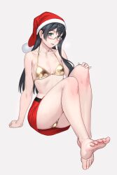 1girl alternate_costume arm_support bare_legs bare_shoulders barefoot bikini black_hair blush christmas feet full_body glasses gold_bikini hat highres kantai_collection long_hair looking_at_viewer ooyodo_(kancolle) red_skirt santa_hat semi-rimless_eyewear simple_background sitting skirt smile solo string_bikini swimsuit white_background yuuji_(and)