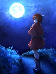 Rule 34 | 1girl, absurdres, bad id, bad pixiv id, bow, cape, full body, full moon, hair bow, highres, kakutasu (akihiron cactus), long sleeves, looking at viewer, looking back, moon, night, night sky, outdoors, plant, pleated skirt, red cape, red eyes, red hair, red skirt, sekibanki, short hair, skirt, sky, solo, star (sky), starry sky, touhou