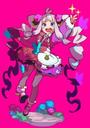 Rule 34 | 1girl, absurdres, apron, blue eyes, blush stickers, dress, full body, hand up, highres, kurumitsu, long hair, long sleeves, looking at viewer, open mouth, original, path, pink background, pink dress, pink footwear, road, smile, twintails, white apron, white hair