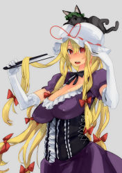 Rule 34 | 1girl, animal, animal on head, anshii (aliceansi), ansi, blonde hair, breasts, cat, cat on head, chen, chen (cat), elbow gloves, covered erect nipples, hand fan, female focus, folding fan, gloves, hat, highres, large breasts, long hair, no nose, on head, red eyes, sagging breasts, solo, touhou, white gloves, yakumo yukari