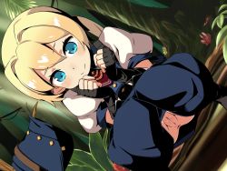 Rule 34 | 1girl, anus, aqua eyes, black gloves, blonde hair, blush, boots, cleft of venus, clothes pull, dutch angle, etrian odyssey, female focus, fingerless gloves, forest, frederica irving, gloves, highres, hou (hachiyou), long hair, nature, pants, pants pull, pussy, sekaiju no meikyuu, shin sekaiju no meikyuu, shirt, skirt, unworn skirt, smile, solo, squatting, twintails, uncensored