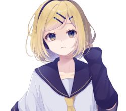 Rule 34 | 1boy, androgynous, aomidori (em em37), arm warmers, black collar, blue eyes, collar, collarbone, collared shirt, commentary, hair ornament, hairclip, headphones, highres, kagamine len, kagamine len (if), looking at viewer, male focus, necktie, sailor collar, school uniform, shirt, short sleeves, simple background, solo, swept bangs, upper body, vocaloid, white background, white shirt, yellow necktie
