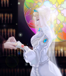Rule 34 | 1girl, blonde hair, blue eyes, blurry, breasts, depth of field, dress, erina pendleton, female focus, from side, gloves, haruka4413, jewelry, jojo no kimyou na bouken, large breasts, lens flare, light particles, long sleeves, ring, solo, veil, wedding dress, white gloves