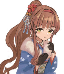 Rule 34 | 1girl, black gloves, blue kimono, blunt bangs, brown hair, fur-trimmed kimono, fur trim, gloves, green eyes, hairband, helena (kancolle), japanese clothes, kantai collection, kimono, long hair, official alternate costume, official alternate hairstyle, ponytail, red hairband, simple background, solo, white background, wss (nicoseiga19993411)