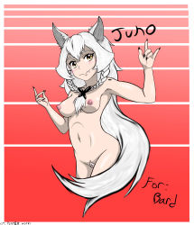 Rule 34 | absurdres, animal ears, armpits, arms up, spicy bardo, belly, braid, breasts, breasts out, claws, cpt.tester works, highres, midriff, nail polish, orange eyes, pale skin, pubic hair, tail, tooth, uncensored, white hair, wolf ears, wolf tail