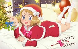 Rule 34 | 1girl, :d, ass, bed sheet, bedroom, blush, bow, bowtie, breasts, candy, candy cane, capelet, character name, christmas, christmas tree, commission, creatures (company), dress, english text, food, full body, game freak, gazing eye, hat, highres, long sleeves, looking at viewer, lying, merry christmas, mistletoe, nintendo, on bed, on stomach, open mouth, pillow, pokemon, pokemon (anime), pokemon xy (anime), serena (pokemon), short hair, smile, socks, solo, sparkle, text focus, window