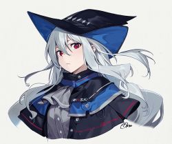 Rule 34 | 1girl, arknights, ascot, black cloak, black hat, breasts, cloak, closed mouth, commentary, expressionless, grey ascot, grey background, grey shirt, hair between eyes, hat, long hair, looking at viewer, medium breasts, nagu, red eyes, shirt, signature, silver hair, simple background, skadi (arknights), solo, upper body