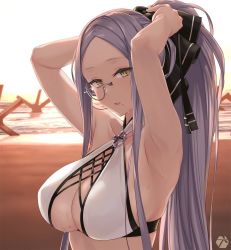 Rule 34 | 1girl, adjusting hair, armpits, arms behind head, arms up, bare shoulders, beach, bikini, black bow, bow, breasts, character request, cleavage, collarbone, commentary request, cross, day, hair bow, halterneck, hand in own hair, highres, iron cross, large breasts, long hair, looking at viewer, mole, mole on breast, mole under mouth, monocle, ocean, open mouth, original, outdoors, parted bangs, ponytail, purple hair, rokuwata tomoe, sidelocks, skindentation, solo, sunset, sweat, swimsuit, tying hair, very long hair, water, white bikini, yellow eyes