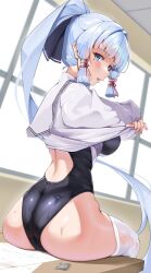 Rule 34 | 1girl, ass, ayaka (genshin impact), black one-piece swimsuit, blue eyes, blue hair, blue ribbon, blunt bangs, blunt tresses, blush, breasts, clothes lift, competition swimsuit, condom, condom wrapper, fingernails, floating hair, from behind, genshin impact, hair ornament, hair ribbon, highres, indoors, large breasts, lifting own clothes, light blue hair, long fingernails, long hair, matrix16, mole, mole under eye, on table, one-piece swimsuit, paid reward available, paper, parted lips, ponytail, ribbon, sailor collar, shirt, shirt lift, sidelocks, sitting, solo, swimsuit, swimsuit under clothes, table, tassel, tassel hair ornament, thighhighs, very long hair, water drop, wet, white sailor collar, white shirt, white thighhighs, window