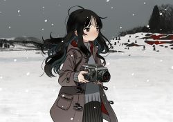 Rule 34 | 1girl, absurdres, black hair, brown coat, camera, coat, cowboy shot, floating hair, highres, hill, holding, holding camera, long hair, messy hair, original, outdoors, product placement, red eyes, scenery, snow, snowing, solo, sweater, tree, turtleneck, turtleneck sweater, winter, winter clothes, zinbei
