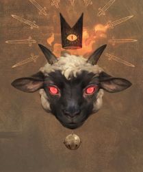 Rule 34 | absurdres, animal, bell, bettydesujiang, brown background, closed mouth, commentary, cropped head, cult of the lamb, english commentary, glowing, glowing eyes, goat, head only, highres, horns, looking at viewer, no humans, realistic, red crown (cult of the lamb), red eyes, solo, sword print, the lamb (cult of the lamb)