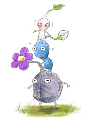 Rule 34 | black eyes, black skin, blue pikmin, blue skin, bud, clenched hands, colored skin, commentary request, flower, grass, human tower, leaf, motion lines, nintendo, no humans, no mouth, pikmin (creature), pikmin (series), purple flower, red eyes, rock, rock pikmin, simple background, solid circle eyes, stacking, standing on another&#039;s head, trembling, triangle mouth, white background, white pikmin, white skin, yamato koara