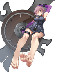 Rule 34 | 1girl, armor, armored dress, armpits, bare shoulders, barefoot, breasts, detached sleeves, eiji (eiji), elbow gloves, fate/grand order, fate (series), feet, foot focus, foreshortening, full body, gloves, gluteal fold, hair over one eye, highres, light purple hair, looking at viewer, mash kyrielight, purple eyes, purple gloves, shield, short hair, simple background, soles, solo, thigh strap, thighs, white background