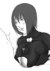 Rule 34 | 1girl, absurdres, black bodysuit, black hair, blush, bodysuit, breasts squeezed together, breasts, cleavage, cleavage cutout, clothing cutout, cum, cum on body, cum on breasts, cum on upper body, gantz, gantz suit, highres, iwao178, large breasts, looking at another, monochrome, motion lines, paizuri, parted lips, short hair, simple background, smile, solo focus, trembling, upper body, white background, white eyes, yamasaki anzu