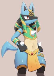 Rule 34 | armlet, bracelet, clothed pokemon, creatures (company), egyptian clothes, game freak, gen 4 pokemon, hands on own hips, highres, jewelry, light brown background, lucario, lucario (ruins), nintendo, no humans, pokemon, pokemon (creature), pokemon unite, solo, sum (ganach24)