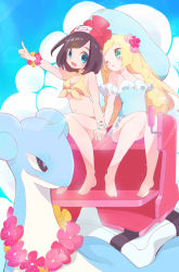 Rule 34 | 2girls, alternate costume, arm up, bare shoulders, beanie, bikini, black eyes, blonde hair, blue background, blue eyes, blue one-piece swimsuit, blush, bracelet, braid, breasts, brown hair, chorimokki, cloud, collarbone, creatures (company), eye contact, feet, flower, flower necklace, frills, full body, game freak, gen 1 pokemon, green eyes, hair flower, hair ornament, happy, hat, holding hands, horns, jewelry, jpeg artifacts, knees together feet apart, lapras, lei, lillie (pokemon), long hair, looking at another, looking to the side, multiple girls, navel, necklace, nintendo, one-piece swimsuit, one eye closed, open mouth, outdoors, pink flower, pointing, pokemon, pokemon (creature), pokemon sm, red hat, riding, selene (pokemon), short hair, simple background, single horn, sitting, sky, small breasts, smile, sun hat, swept bangs, swimsuit, twin braids, two-tone background, white background, white hat, wink, yellow bikini, yellow flower