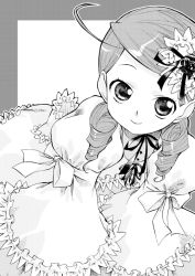 Rule 34 | 00s, 1girl, ahoge, border, dress, drill hair, frills, greyscale, hair ornament, heart, heart hair ornament, kanaria, long sleeves, looking at viewer, monochrome, rozen maiden, short hair, simple background, solo, takano natsuki, white background