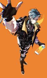 Rule 34 | 1boy, animification, apex legends, belt, black belt, black eyes, black footwear, black gloves, black jacket, black vest, blue hair, blue shirt, boots, bright pupils, crypto (apex legends), fingerless gloves, from above, full body, gloves, handheld game console, highres, holding, holding handheld game console, jacket, jewelry, kernel panic crypro, kernel panic crypto, looking at viewer, male focus, necklace, nintendo switch, orange background, pants, sd2190392804, shirt, shoes, sneakers, solo, v-shaped eyebrows, vest, white pants, white pupils