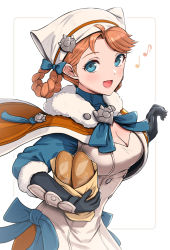 Rule 34 | 1girl, :d, alternate hairstyle, annette fantine dominic, bag, black gloves, blue eyes, blue ribbon, braid, braided hair rings, bread, breasts, cape, cleavage, cowboy shot, dress, eighth note, elbow gloves, fire emblem, fire emblem: three houses, fire emblem warriors, fire emblem warriors: three hopes, food, fur-trimmed gloves, fur trim, furrowed brow, gloves, gonzarez, hair rings, half note, head scarf, highres, holding, holding bag, looking at viewer, medium breasts, musical note, nintendo, open mouth, orange cape, ribbon, smile, solo, white background, white dress