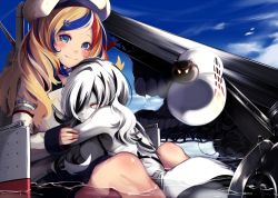 Rule 34 | 10s, 2girls, abyssal ship, anchor hair ornament, bare shoulders, beret, between legs, black skirt, blonde hair, blue eyes, blue hair, blue sky, blush, breasts, closed mouth, colored skin, commandant teste (kancolle), day, dress, frown, hair ornament, hair over one eye, hand on another&#039;s arm, hat, hug, kantai collection, koruta (nekoimo), large breasts, long hair, long sleeves, looking at viewer, multicolored hair, multiple girls, one eye covered, partially submerged, red eyes, red hair, scarf, seaplane tender water princess, sitting, skirt, sky, sleeves past wrists, smile, streaked hair, swept bangs, water, white dress, white hair, white skin