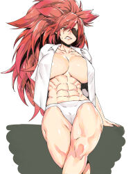 Rule 34 | 1girl, abs, absurdres, amputee, baiken, blush, breasts, cleavage, clenched teeth, collarbone, collared shirt, eyepatch, grimace, guilty gear, hair between eyes, high ponytail, highres, large breasts, long hair, looking at viewer, minew, muscular, muscular female, navel, open clothes, open mouth, open shirt, panties, ponytail, red eyes, red hair, scar, scar across eye, scar on face, shirt, sidelocks, simple background, solo, stomach, teeth, thighs, underwear, white background, white panties, white shirt