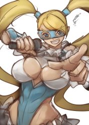 Rule 34 | 1girl, breasts, female focus, grin, highres, large breasts, leotard, long hair, microphone, pointing, rainbow mika, simple background, sketch, smile, solo, sowel (sk3), street fighter, street fighter v, twintails, very long hair
