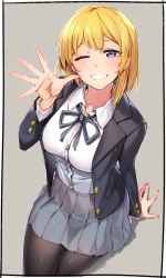 Rule 34 | 1girl, arm support, black jacket, black pantyhose, blazer, blonde hair, blush, breasts, collared shirt, commentary request, dress shirt, fingernails, grey background, grey skirt, grin, hair between eyes, hand up, high-waist skirt, highres, jacket, kei (soundcross), long hair, long sleeves, looking at viewer, one eye closed, open clothes, open jacket, original, pantyhose, pleated skirt, purple eyes, school uniform, shadow, shirt, sitting, skirt, small breasts, smile, solo, white shirt