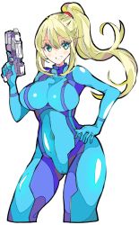 Rule 34 | 1girl, blonde hair, blue eyes, bodysuit, breasts, cowboy shot, enpe, gun, hair between eyes, hand on own hip, high ponytail, highres, holding, holding gun, holding weapon, large breasts, long hair, looking at viewer, metroid, nintendo, parted bangs, ponytail, samus aran, simple background, skin tight, solo, standing, thighs, weapon, white background, zero suit