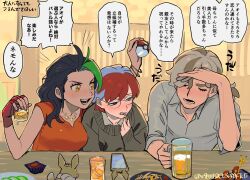 Rule 34 | 1boy, 2girls, :d, aged up, alcohol, alternate costume, arven (pokemon), beer, black hair, blush, bracelet, closed eyes, collared shirt, commentary request, creatures (company), cup, drinking glass, eyelashes, fingerless gloves, freckles, game freak, glasses, gloves, green hair, highres, holding, holding poke ball, jewelry, long hair, miyage no nukegara, multicolored hair, multiple girls, necklace, nemona (pokemon), nintendo, open mouth, penny (pokemon), phone, poke ball, poke ball (basic), pokemon, pokemon sv, red gloves, shirt, shot glass, smile, speech bubble, sweater, teeth, translation request, two-tone hair, whiskey, yellow eyes