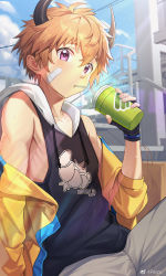 Rule 34 | 1boy, artist request, bandaid, chinese commentary, commentary request, cup, day, disposable cup, drink, drinking, drinking straw, highres, holding, holding cup, jacket, looking at viewer, male focus, muscular, muscular child, orange hair, original, purple eyes, reizu, solo