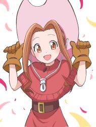Rule 34 | 1girl, blue dress, blush stickers, brown eyes, brown gloves, brown hair, digimon, digimon adventure, dress, emapippi, gloves, happy, highres, looking at viewer, simple background, solo, tachikawa mimi, white background