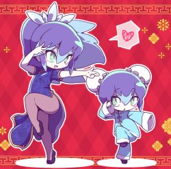 Rule 34 | 2girls, alternate costume, blue hair, child, chinese clothes, fighting stance, fubukihime, leg up, multiple girls, no humans, nollety, standing, standing on one leg, thighs, youkai watch, yukionna (youkai watch)
