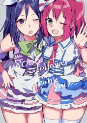 Rule 34 | 2girls, absurdres, aqua eyes, armband, bare arms, bare legs, blue hair, bow, bowtie, chestnut mouth, collarbone, frilled skirt, frills, hair ribbon, hand up, high ponytail, highres, kurosawa ruby, long hair, love live!, love live! school idol festival, love live! sunshine!!, matsuura kanan, multiple girls, necktie, one eye closed, open mouth, ponytail, red hair, ribbon, shirasu uni, skirt, thank you, thighhighs, two side up