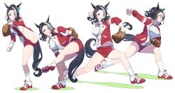Rule 34 | 1girl, absurdres, animal ears, baseball, baseball glove, black hair, braid, braided bun, breasts, buruma, clenched teeth, closed mouth, full body, hair bun, highres, horse ears, horse girl, horse tail, jacket, large breasts, leaning to the side, leg up, long sleeves, looking away, mejiro ramonu (umamusume), mole, mole under eye, motion blur, multicolored hair, multiple views, navel, nishiki kazue, open clothes, open jacket, partially unzipped, pitching, sequential, shirt, shoes, short hair, sneakers, socks, standing, streaked hair, tail, teeth, throwing, tracen training uniform, umamusume, v-shaped eyebrows, white background, white shirt